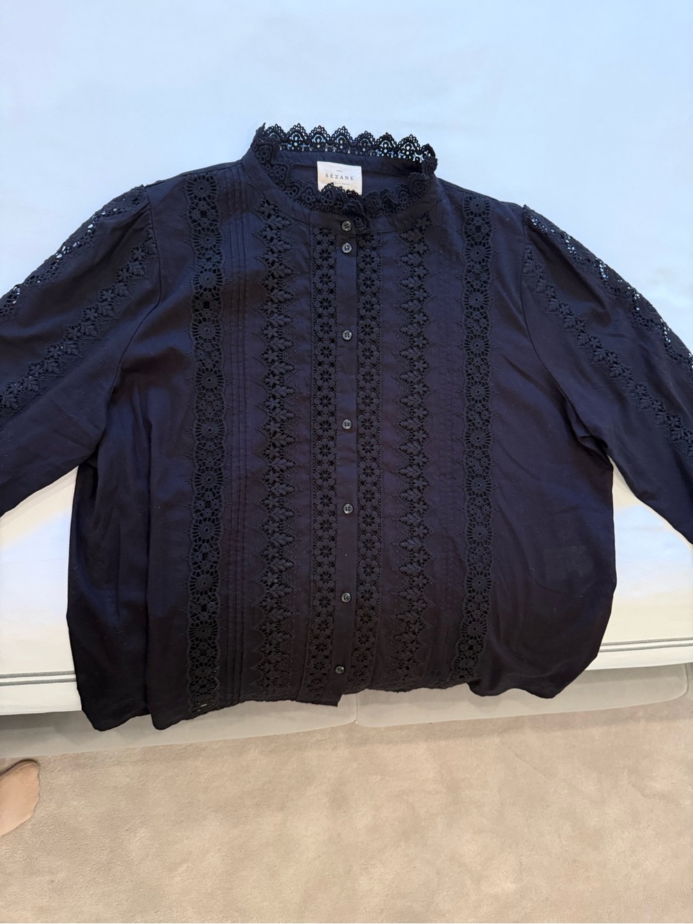 Sezane Black Lace-Trim Button Front Blouse